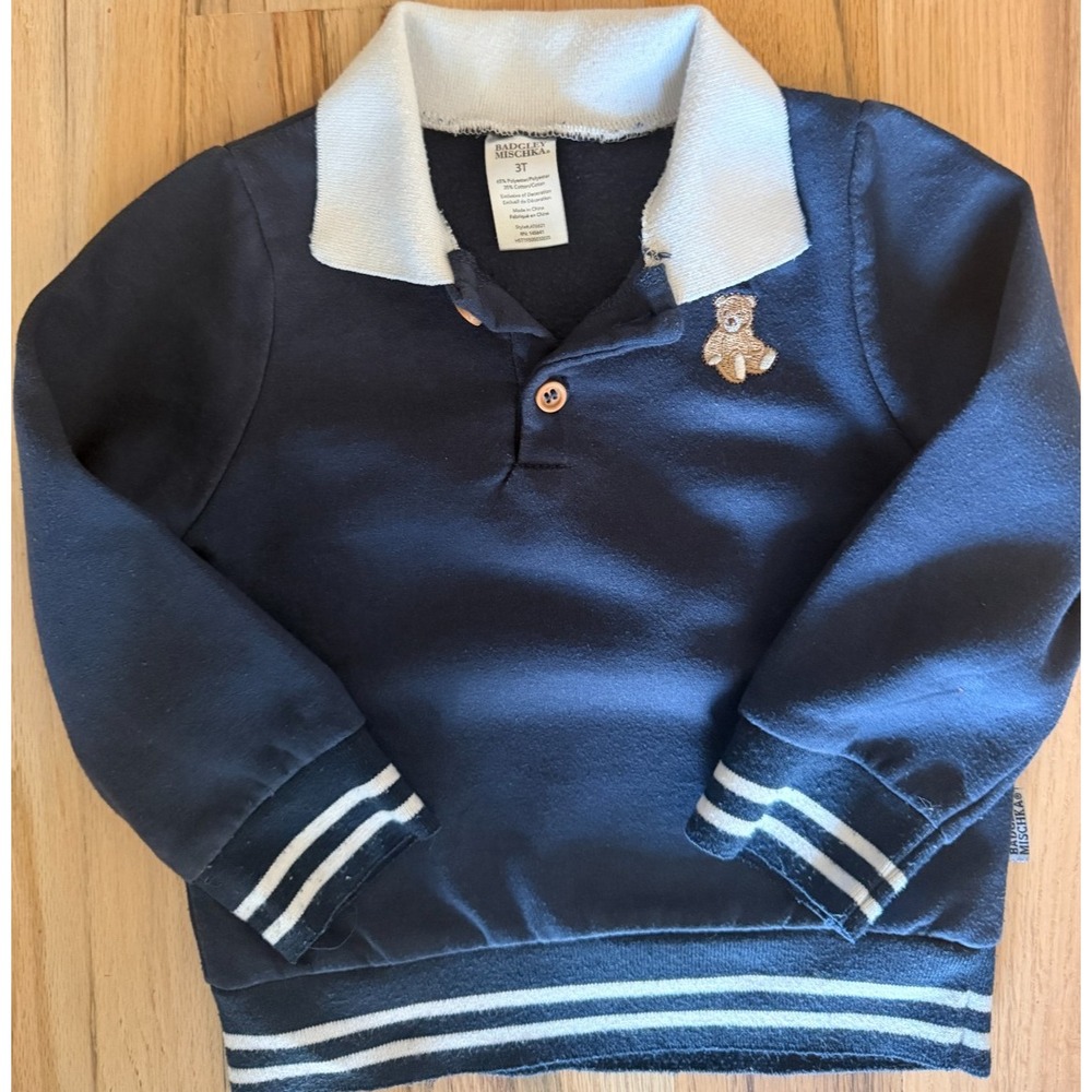 Badgley Mischka Bear Boys 3T Navy Blue Collared Long Sleeve Polo Sweatshirt